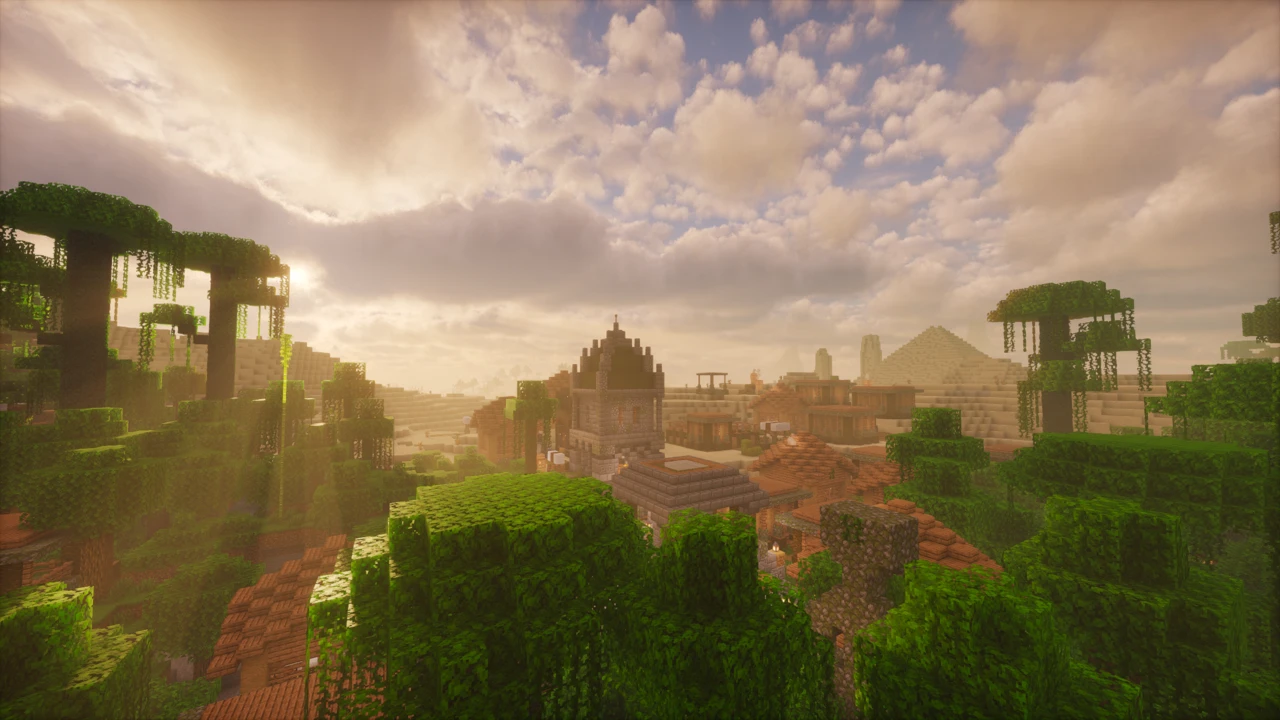 A village of clay-roofed houses and a stone church tower seen through jungle trees, with a desert pyramid on the horizon