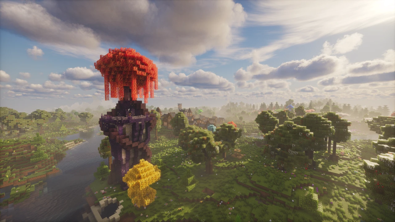 A tall wizard's tower with a red autumn canopy rising over a river, with a village and trees behind it in Minecraft