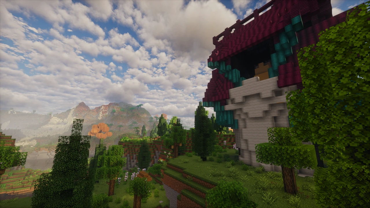 A house built into a giant magenta and teal mushroom, with trees and orange-tinged mountains behind it