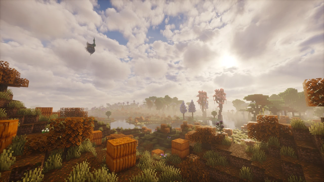 A misty autumn field of pumpkins, hay bales and orange trees under a shader-lit sky, with a floating island above