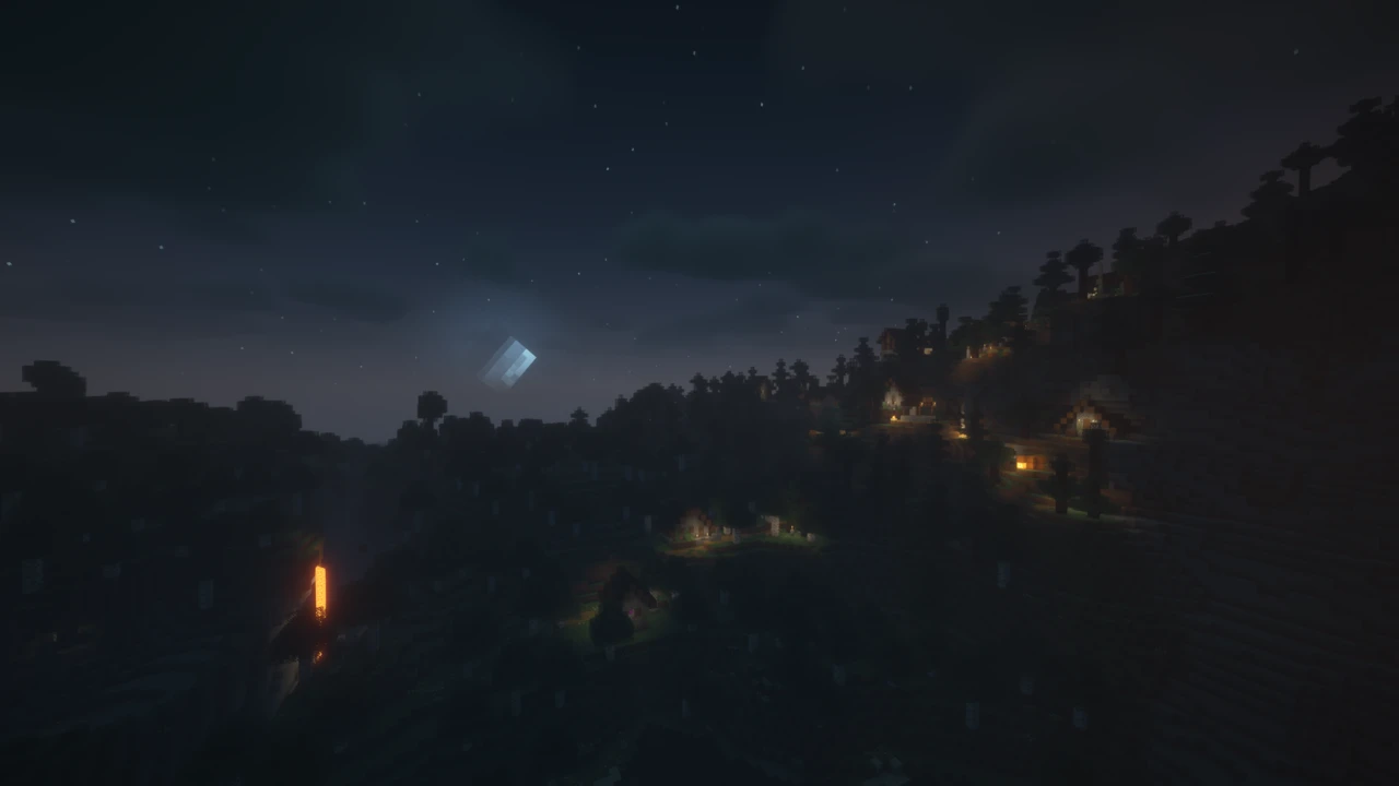 Village lights under a starry sky with BSL Shaders