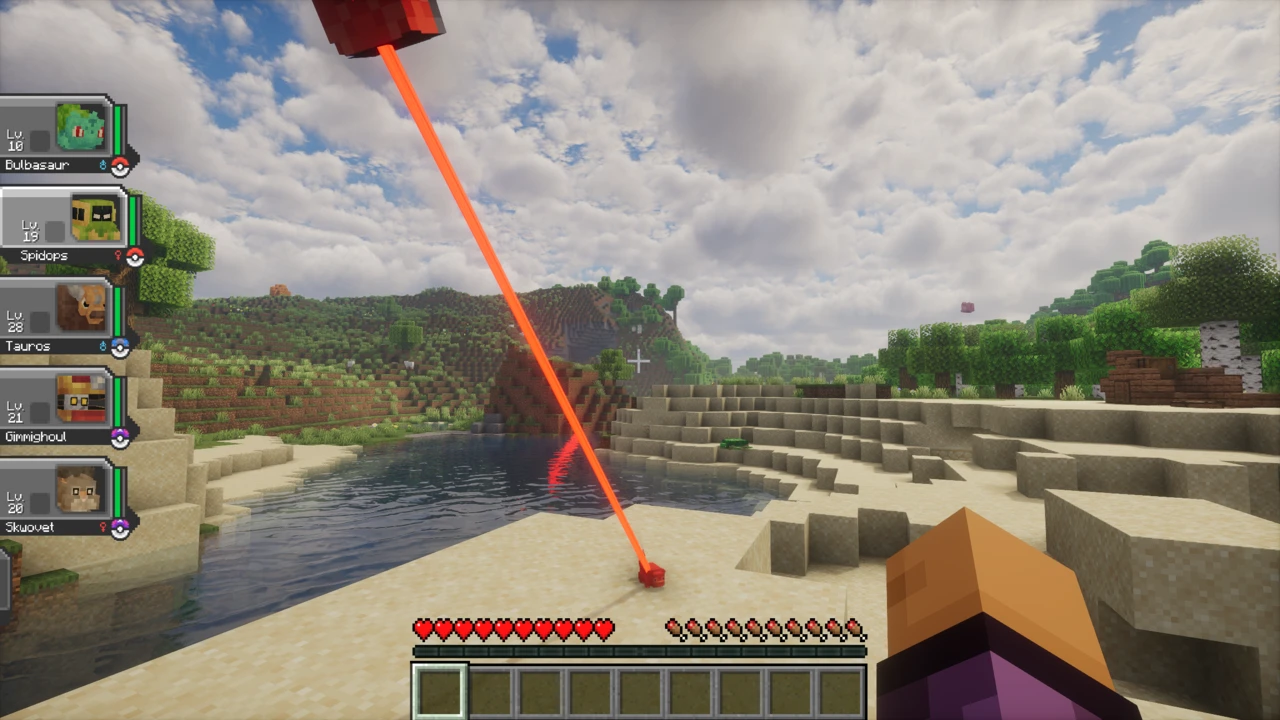 Red fishing line cast into a river beside a sandy beach, with five Pokémon in the party panel