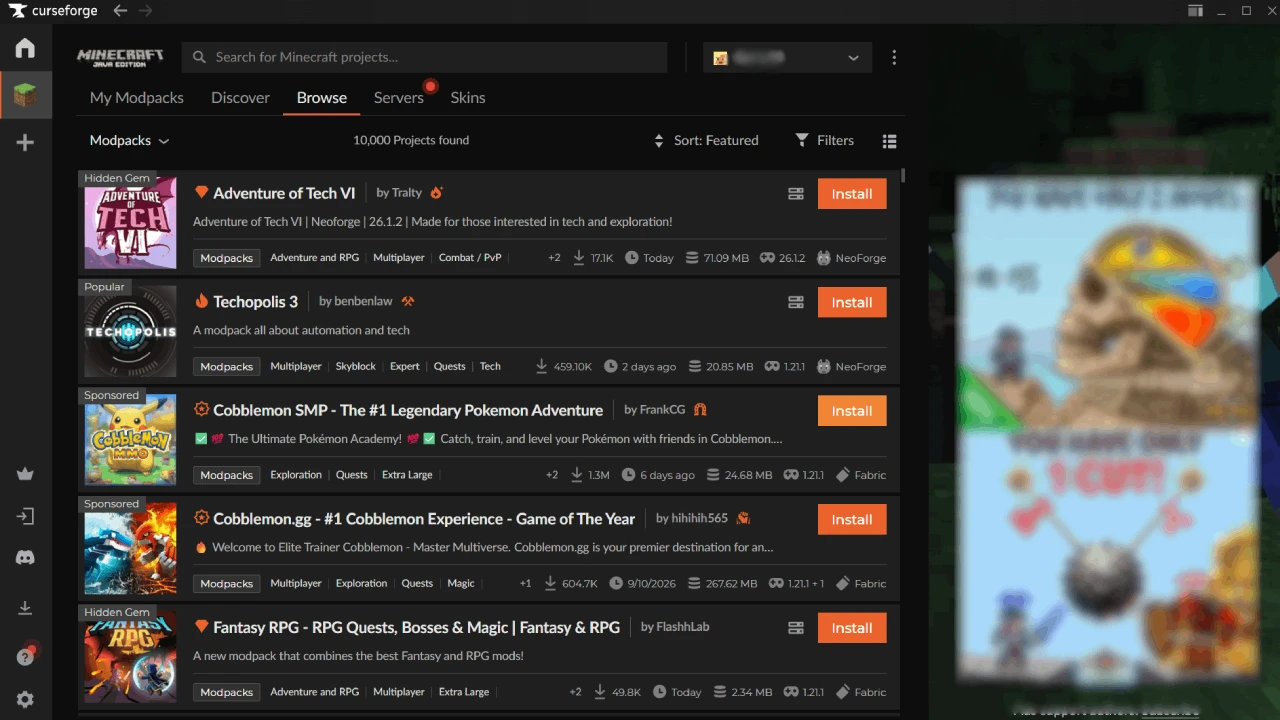 The CurseForge app's Browse tab filtered to Modpacks, with an Install button beside each modpack in the results