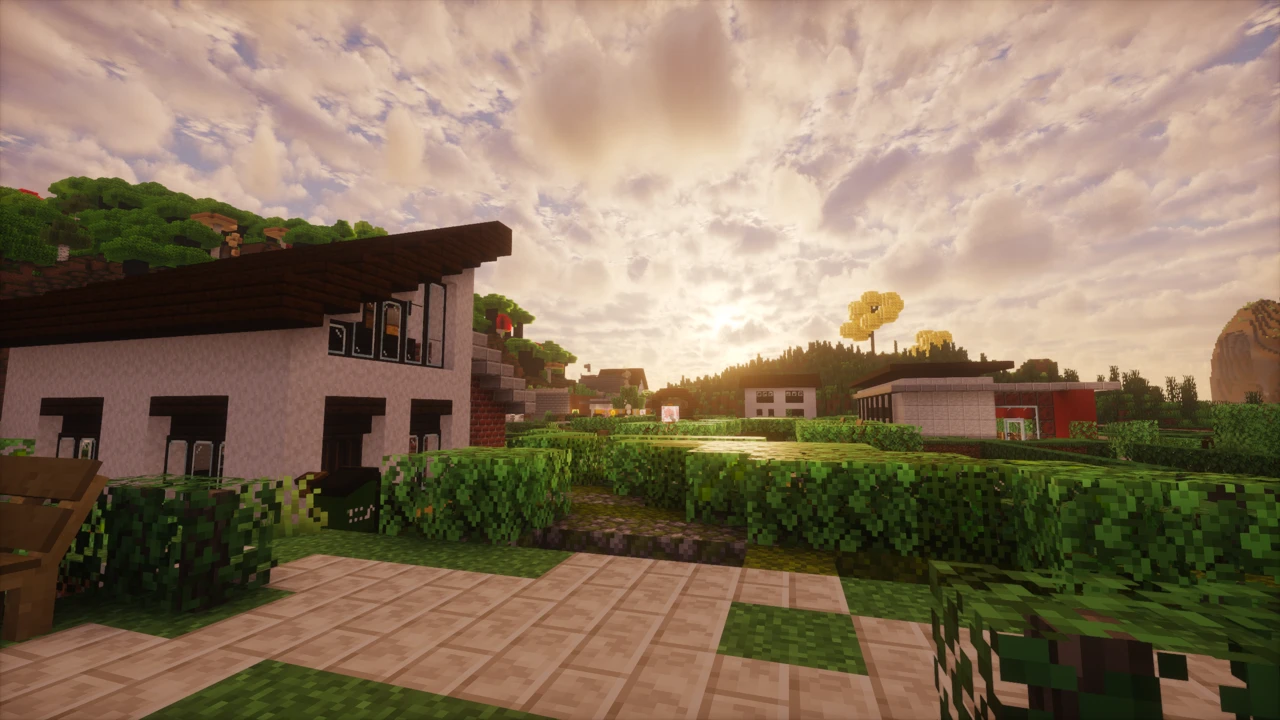 Houses and gardens at sunset in DeceasedCraft