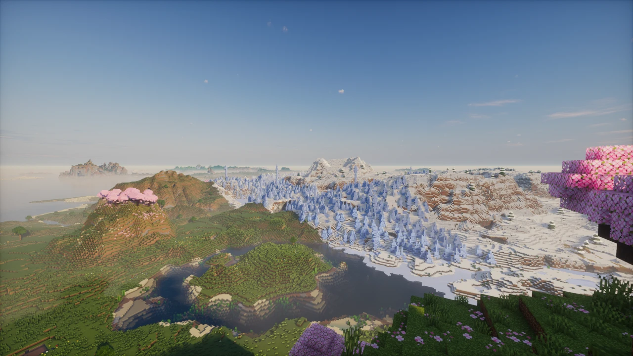 Lake and snowy forest seen far off with Distant Horizons