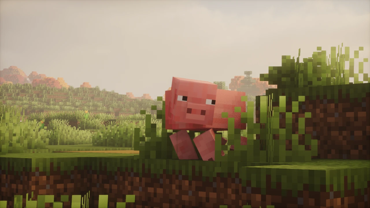 Pig peering out of tall grass on a hillside