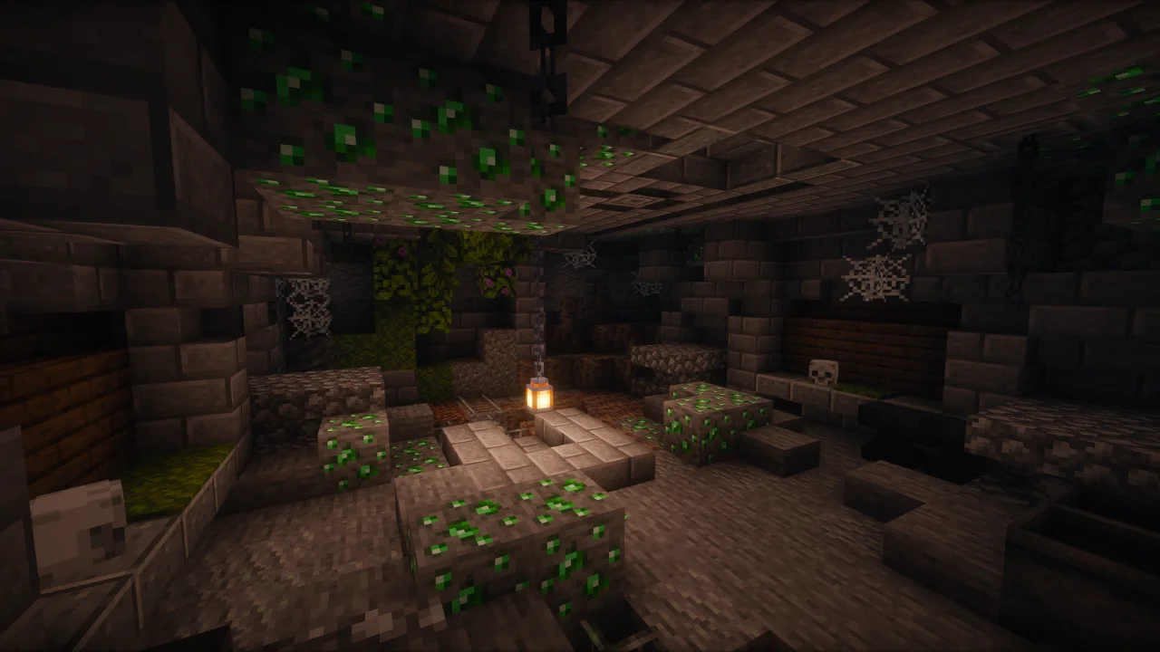 Ruined mossy room lit by a lantern in Escape the Lost Halls