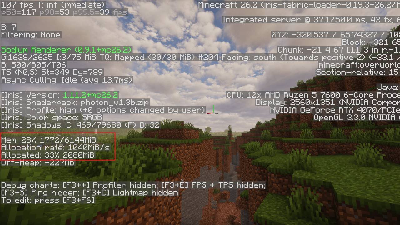The Minecraft F3 debug overlay with the memory lines highlighted, reading Mem: 28% 1772/6144MiB and Allocated: 33% 2080MiB