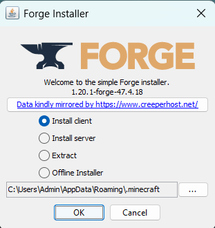 The Minecraft Forge installer for 1.20.1-forge-47.4.18 with Install client selected and a destination path pointing at the .minecraft folder