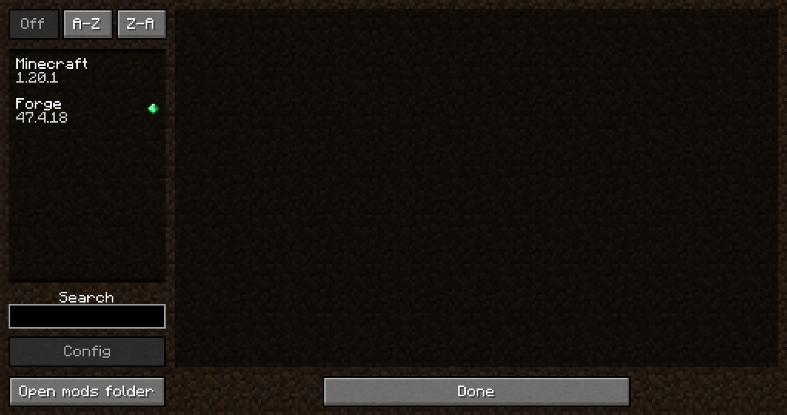 The in-game Forge mods list showing only Minecraft 1.20.1 and Forge 47.4.18, with no other mods present