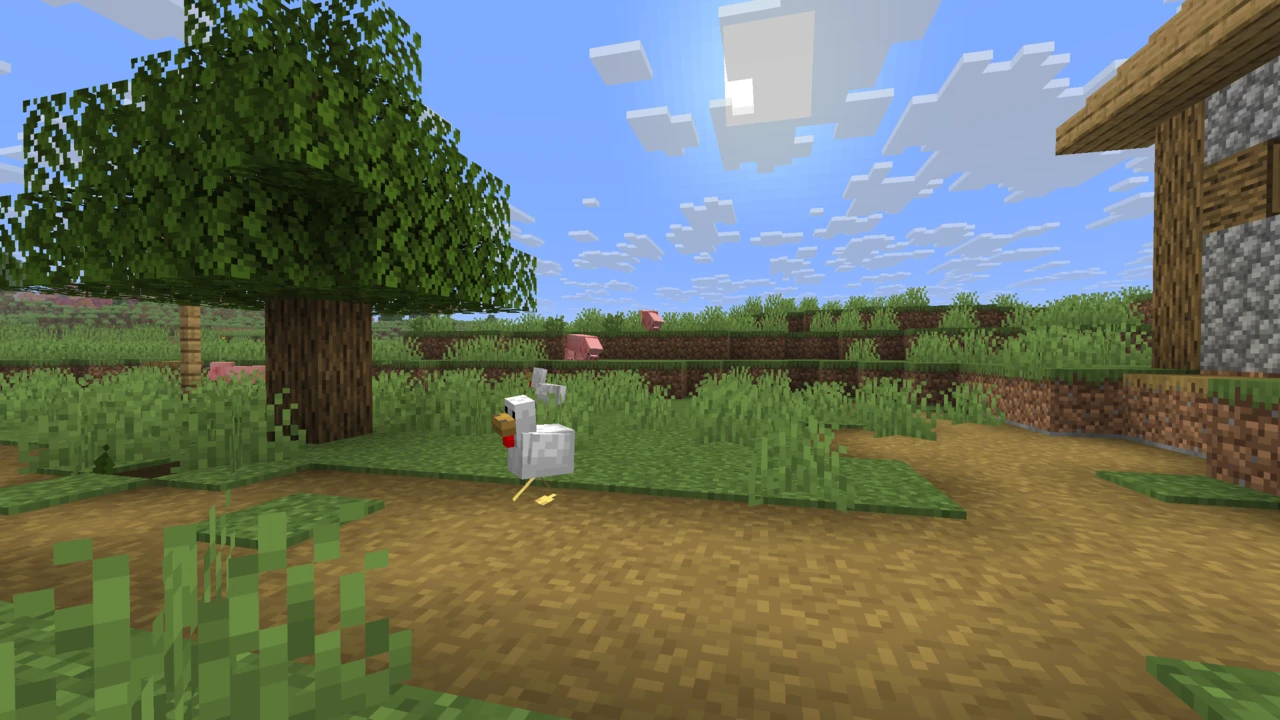 Chicken running along a village path, with pigs in the grass behind, in Fresh Animations