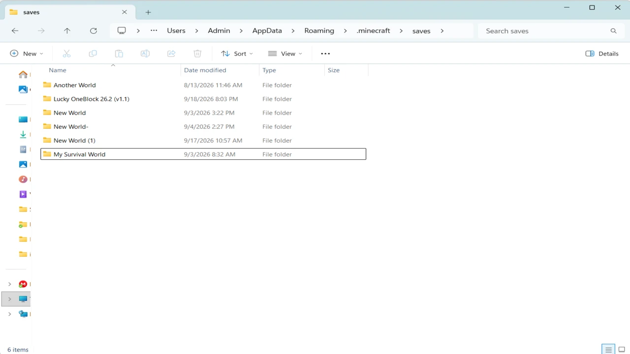 File Explorer open at AppData\Roaming\.minecraft\saves, with a downloaded Lucky OneBlock map folder next to other world folders