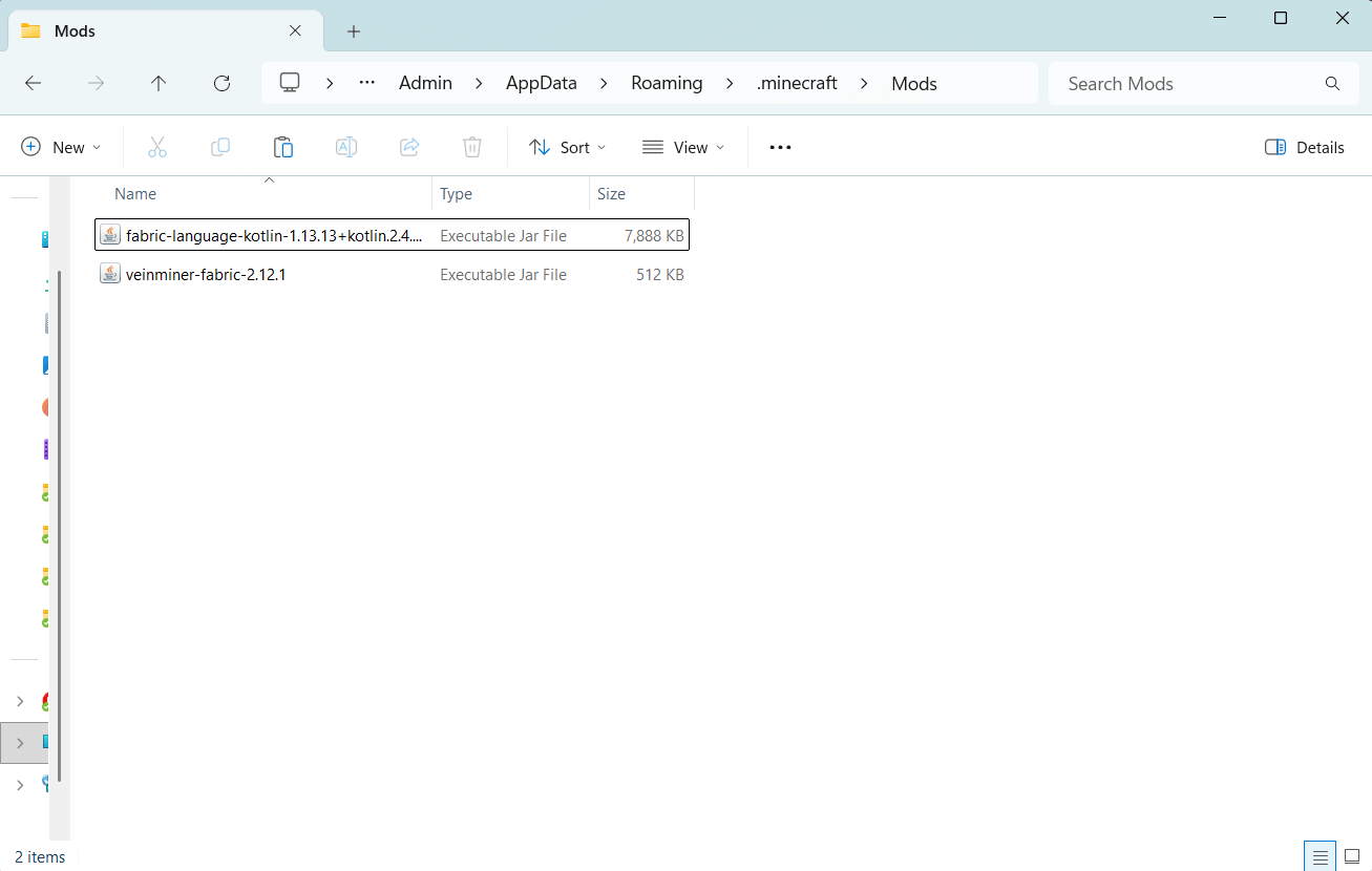 File Explorer showing the .minecraft Mods folder containing fabric-language-kotlin and veinminer-fabric jar files
