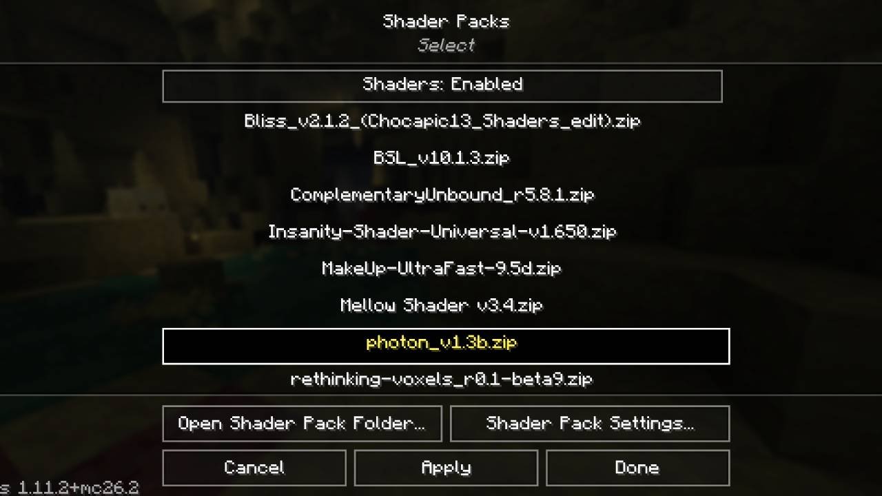 The Iris Shader Packs screen listing nine shaderpack zip files with photon_v1.3b.zip selected, above Open Shader Pack Folder and Shader Pack Settings buttons