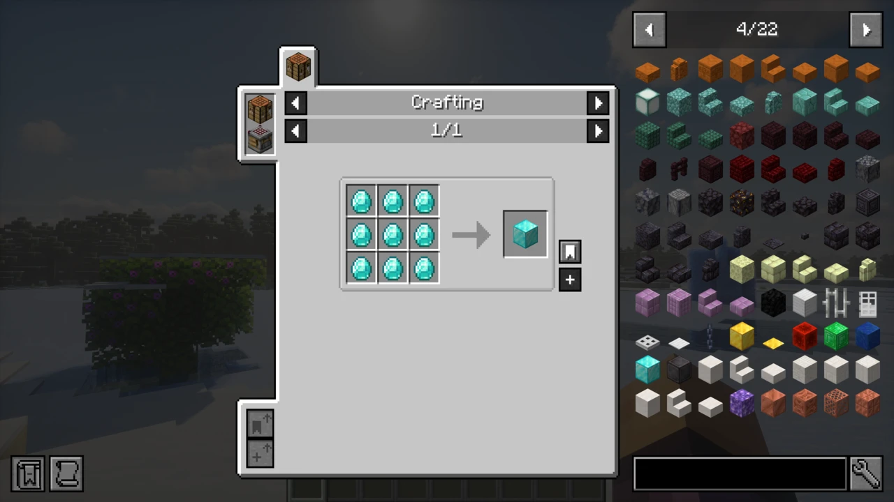 JEI crafting recipe turning nine diamonds into a diamond block