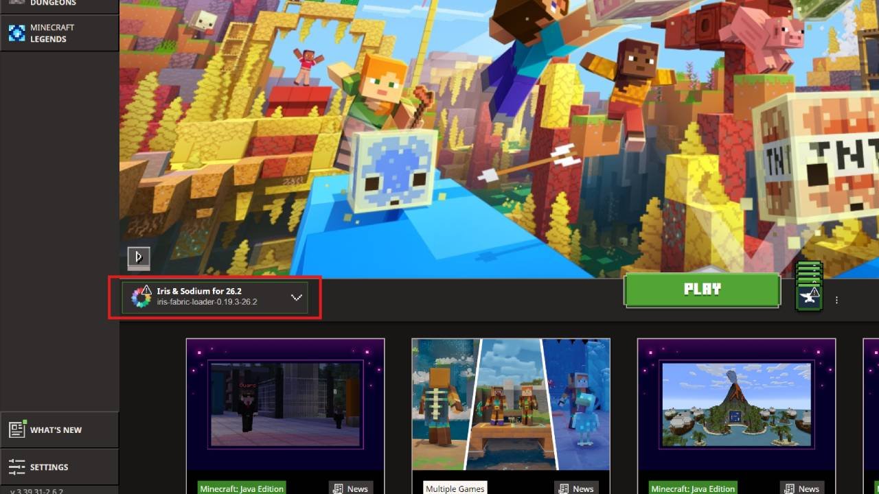 The Minecraft Launcher with the Iris and Sodium for 26.2 installation selected next to the Play button