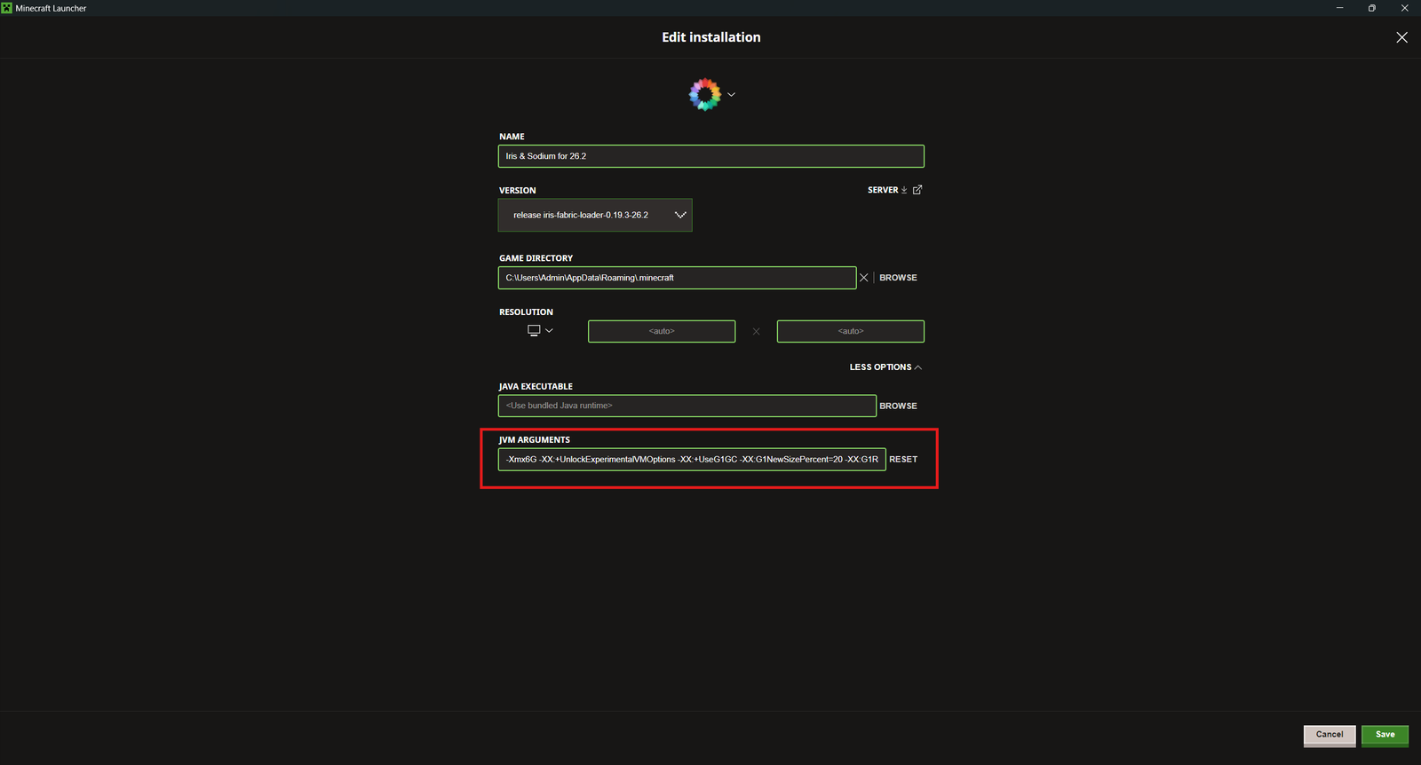 The Edit installation screen in the Minecraft Launcher, with More Options expanded and the JVM Arguments field highlighted, beginning -Xmx6G