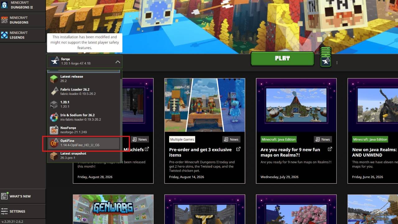 The Minecraft Launcher version dropdown listing Latest release, Fabric Loader, 1.20.1, Iris and Sodium, NeoForge and an OptiFine 1.14.4-OptiFine_HD_U_G5 entry