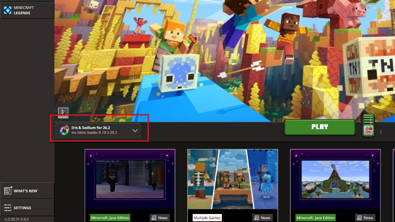 The Minecraft Launcher play screen with the installation selector highlighted, showing a profile named Iris and Sodium for 26.2 running iris-fabric-loader-0.19.3-26.2