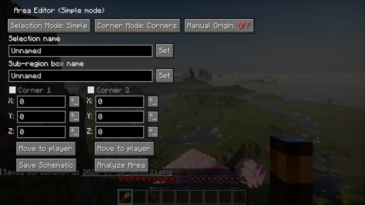 The Litematica Area Editor screen