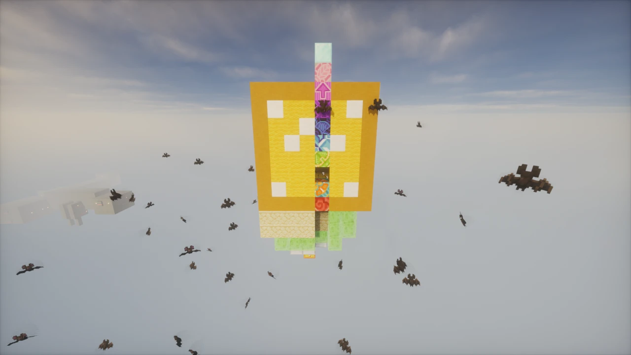 A large orange build with a column of coloured blocks and bats swarming around it in Lucky OneBlock
