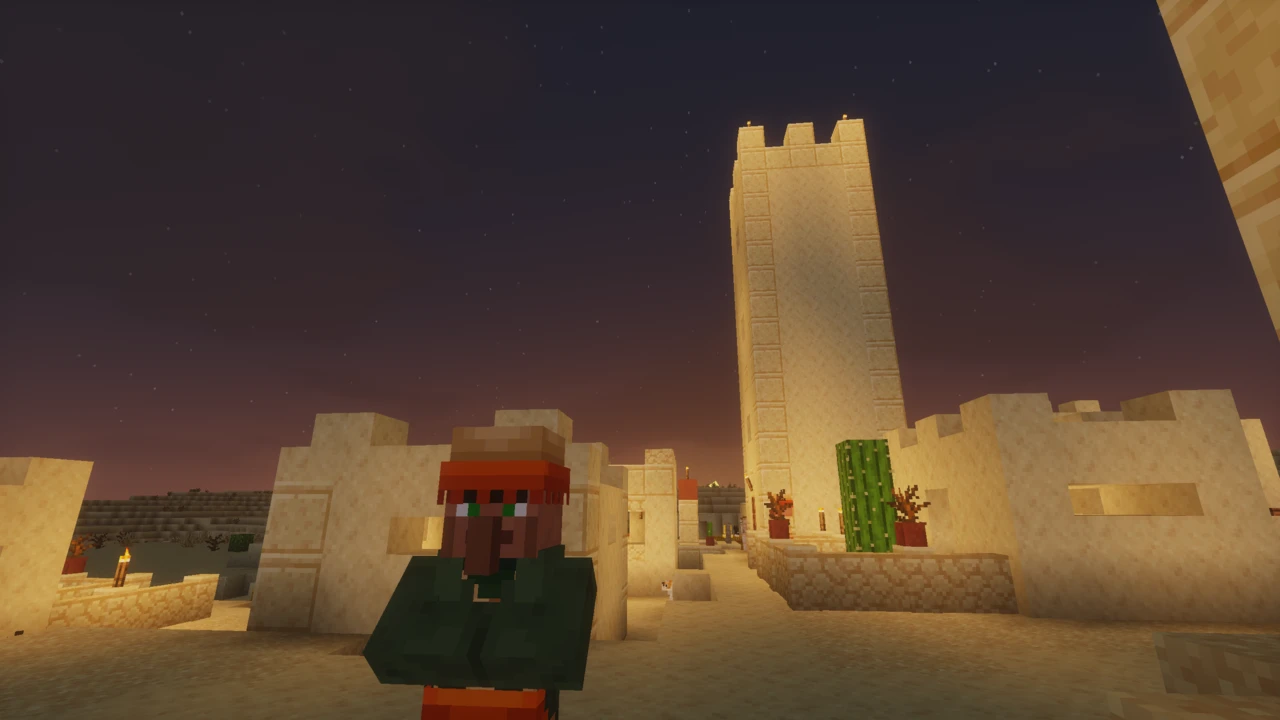 Villager in a desert village at night with Mellow Shaders