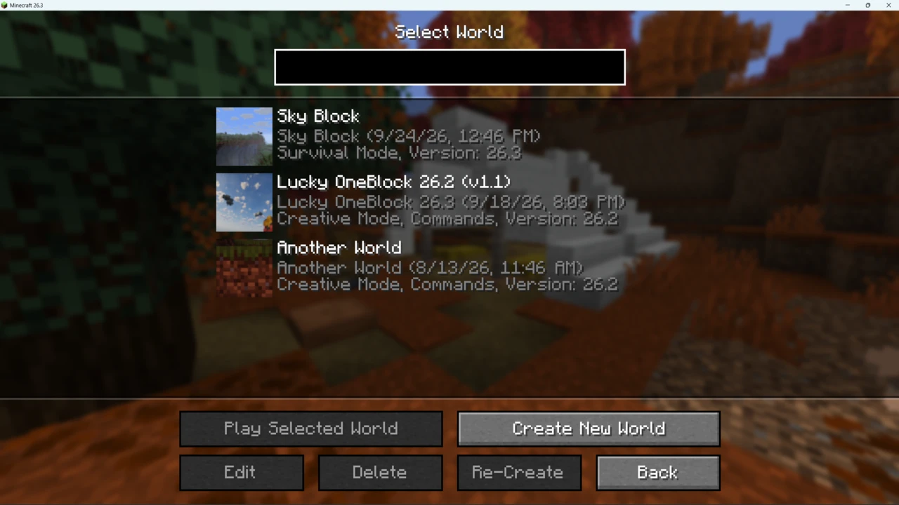 The Minecraft Java Select World screen listing an installed Sky Block map above other worlds