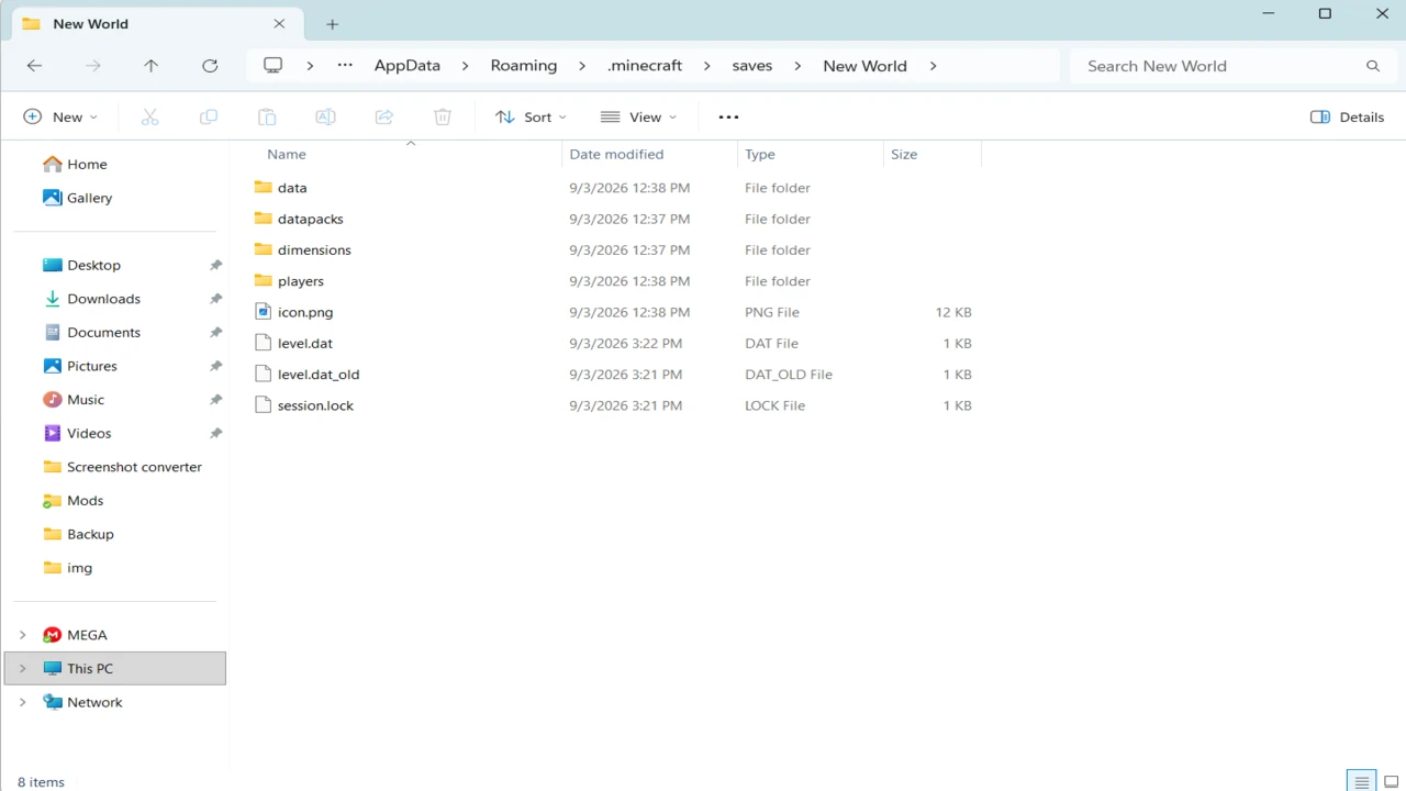 A Minecraft Java world folder open in File Explorer, with level.dat among its files