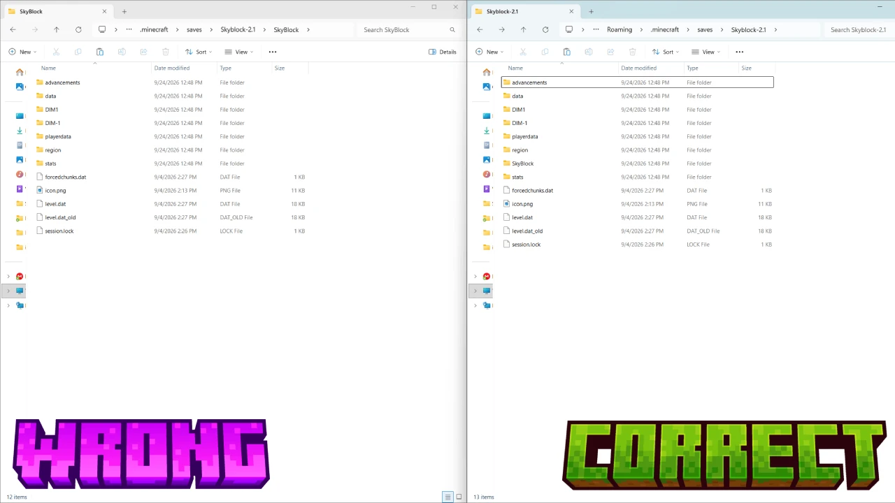 Two File Explorer windows compared: marked wrong, level.dat sits in saves\Skyblock-2.1\SkyBlock; marked correct, level.dat sits directly in saves\Skyblock-2.1