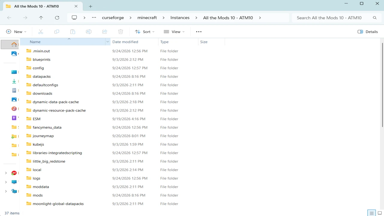 File Explorer open at a CurseForge All the Mods 10 instance folder, listing its own config, mods, logs and kubejs folders