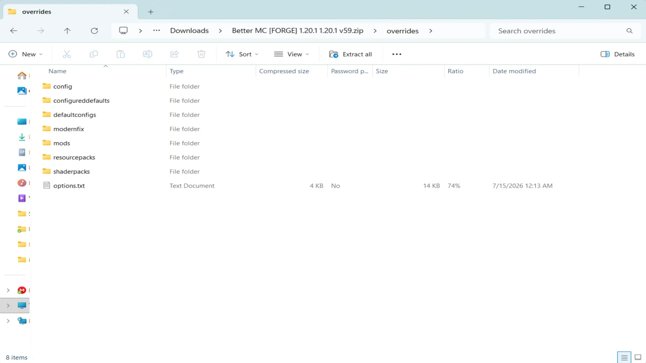 The overrides folder inside a CurseForge modpack zip, holding config, mods, resourcepacks and shaderpacks folders and an options.txt file