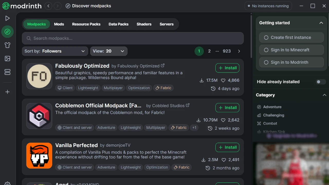 The Modrinth App's Discover modpacks page, listing modpacks with their loader, download count and an Install button