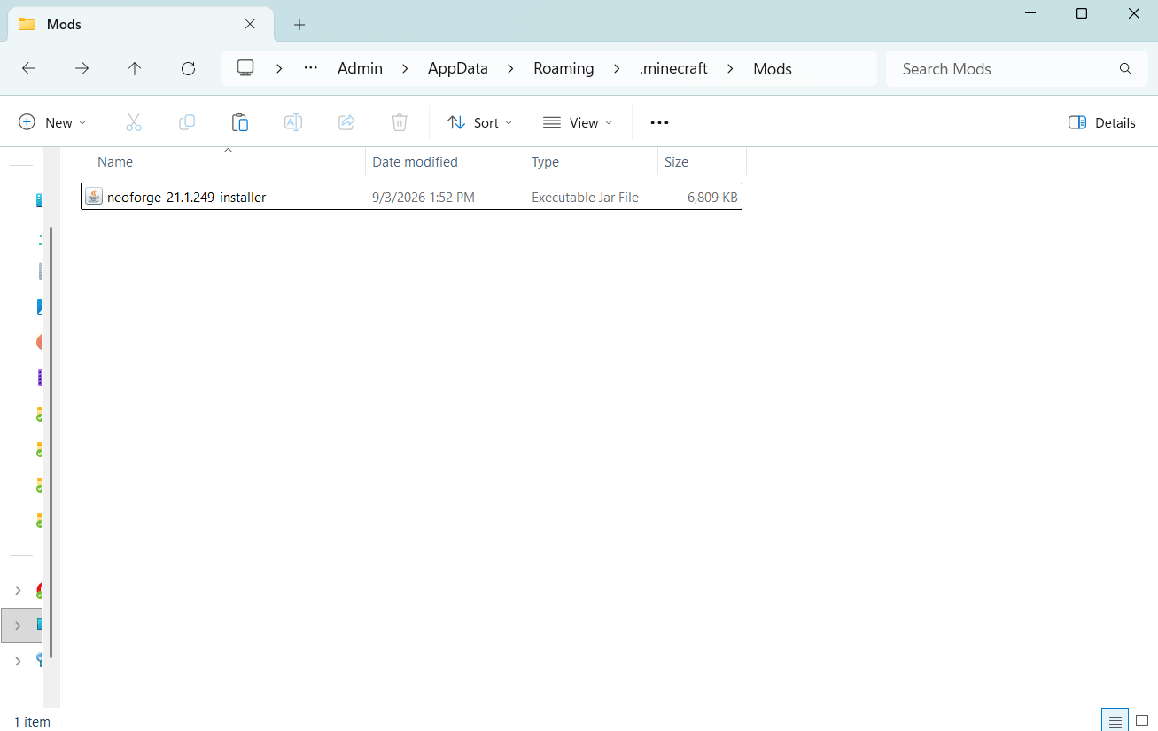File Explorer open on the Mods folder inside .minecraft, with the address bar showing the path and one Executable Jar File listed inside