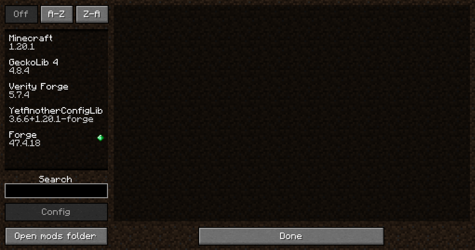 The in-game mods list showing Minecraft 1.20.1, GeckoLib 4, Verity Forge, YetAnotherConfigLib and Forge 47.4.18, with an Open mods folder button below