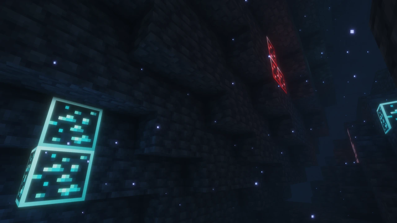 Diamond ore and redstone ore glowing on the walls of a dark deepslate cave with New Glowing Ores