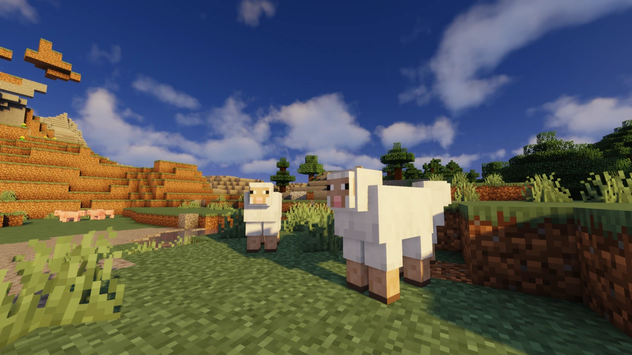 Sheep in the plains under a bright sky with OptiFine