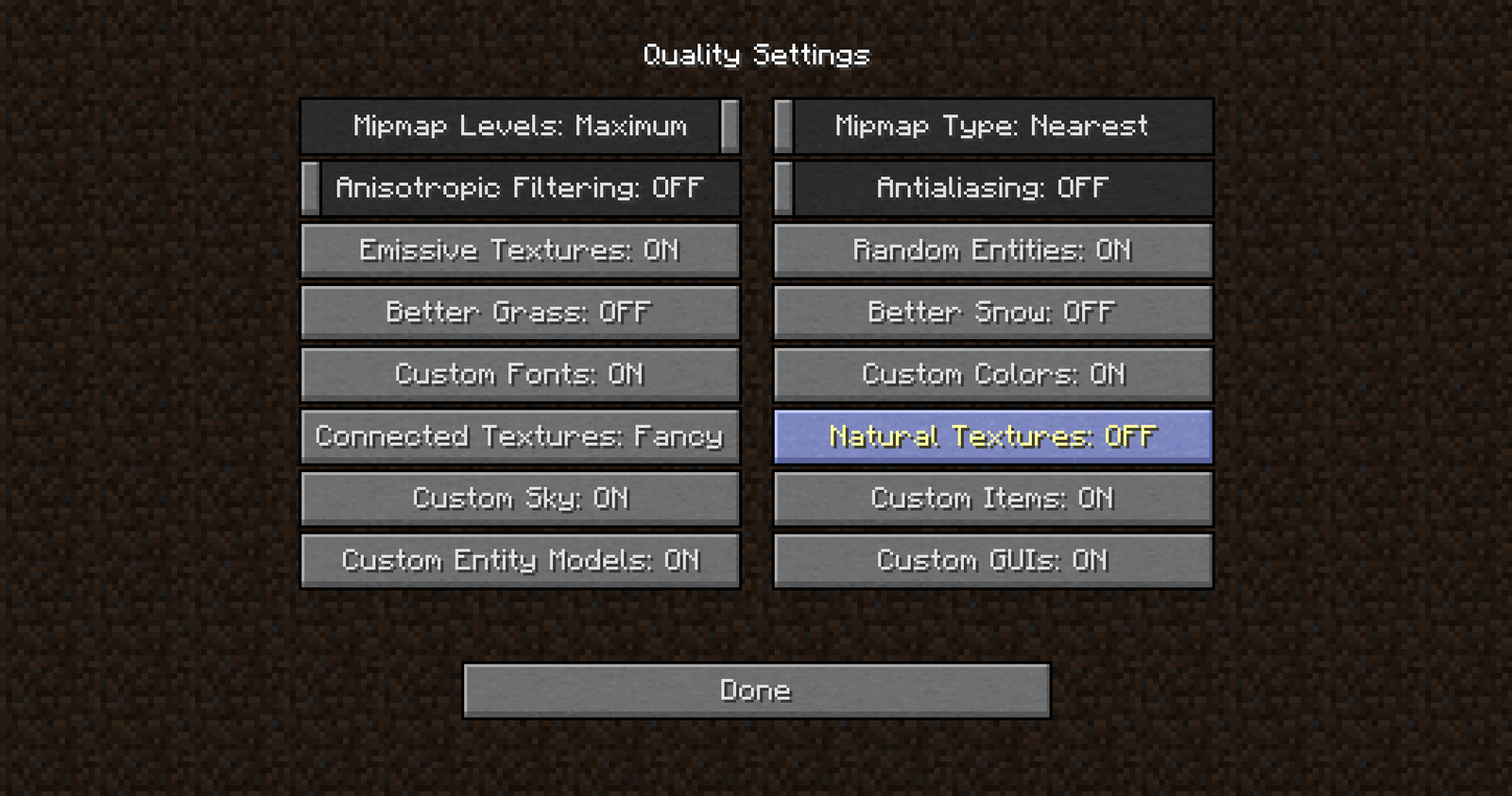 The OptiFine Quality Settings screen showing Connected Textures set to Fancy, Custom Items on, Custom Entity Models on, Emissive Textures on and Natural Textures off
