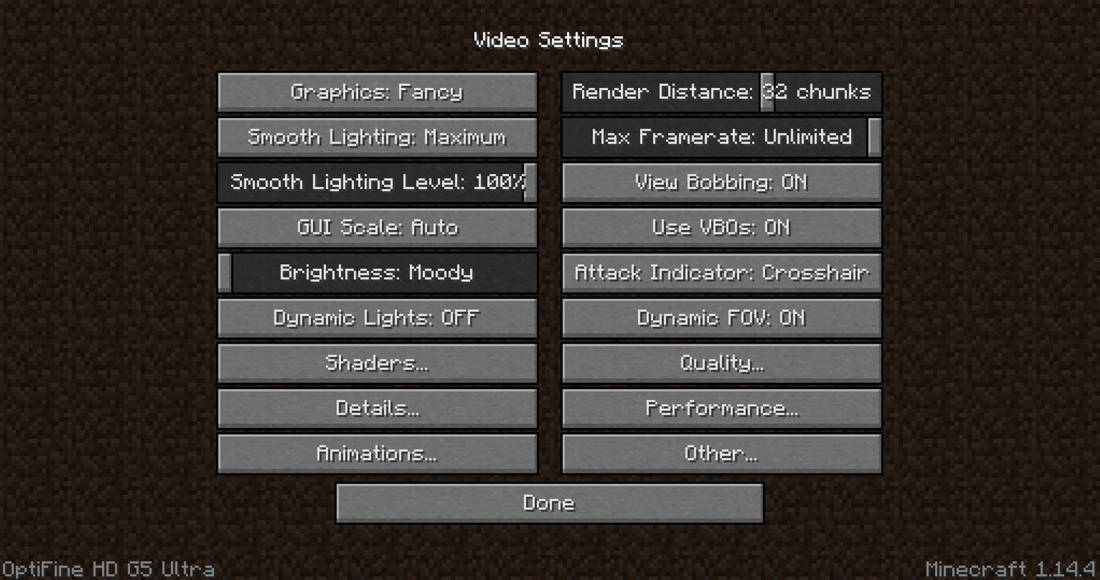 The OptiFine Video Settings screen with Shaders, Details, Animations, Quality, Performance and Other buttons, labelled OptiFine HD G5 Ultra