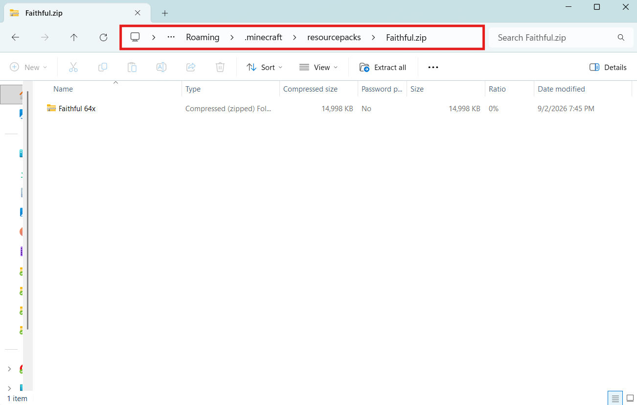 The inside of Faithful.zip shown in File Explorer, containing a single compressed folder named Faithful 64x rather than the pack files themselves