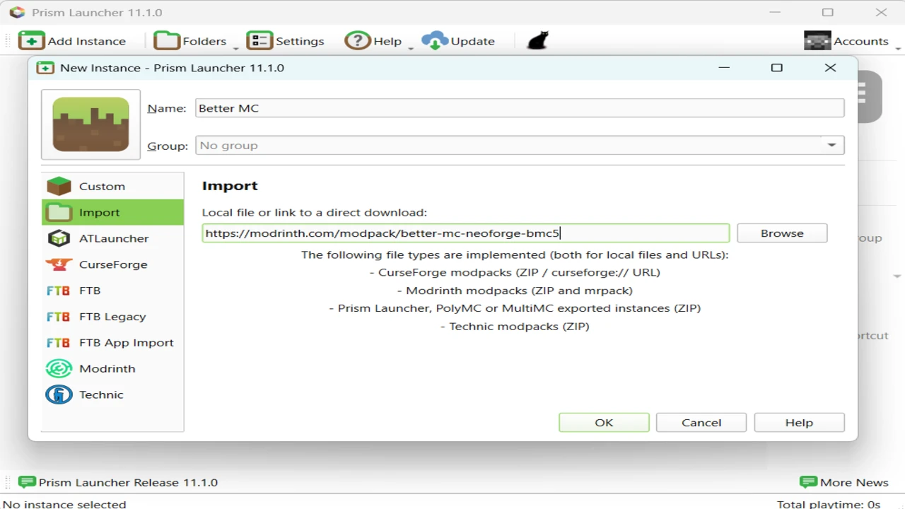 Prism Launcher's New Instance dialog with Import selected, a Modrinth modpack link in the file field and the supported formats listed, including Modrinth .mrpack