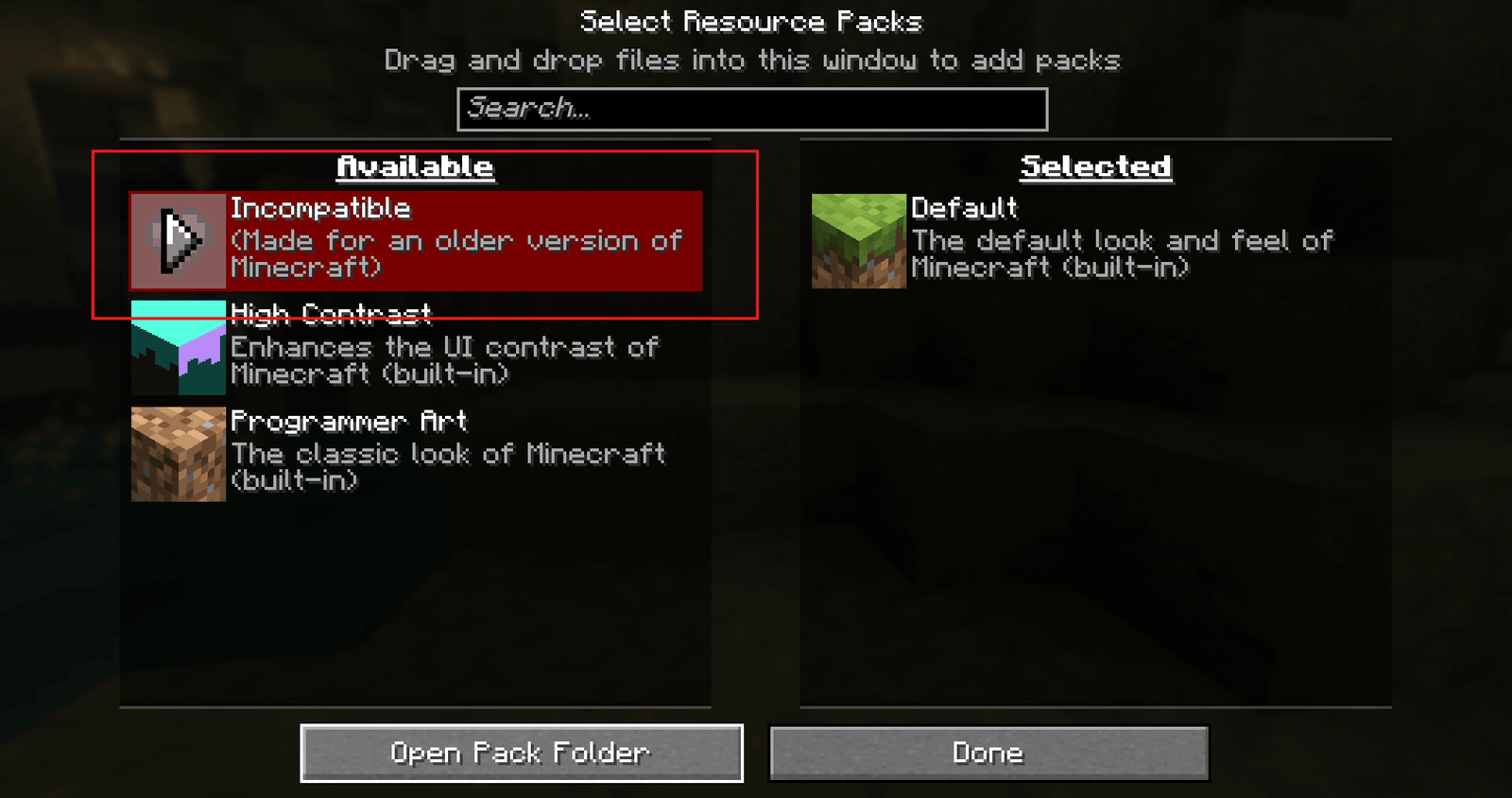 The Select Resource Packs screen in Minecraft, with a pack listed in red as Incompatible, made for an older version of Minecraft