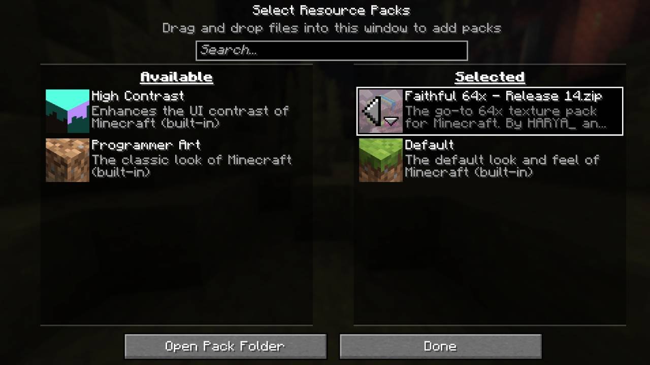 The Select Resource Packs screen with Faithful 64x Release 14.zip moved to the Selected column above Default, the arrow control showing on the highlighted pack