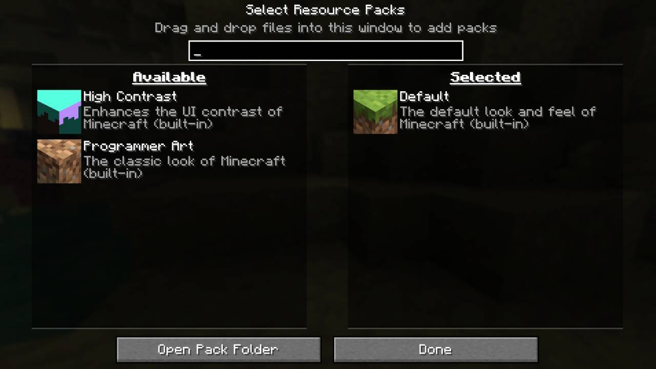 The Select Resource Packs screen in Minecraft, with only the built-in High Contrast and Programmer Art packs available and Default selected, above an Open Pack Folder button