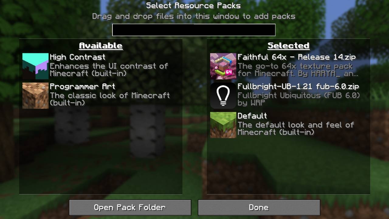 The Selected column of the Resource Packs screen with Faithful 64x at the top, Fullbright-UB below it and Default at the bottom