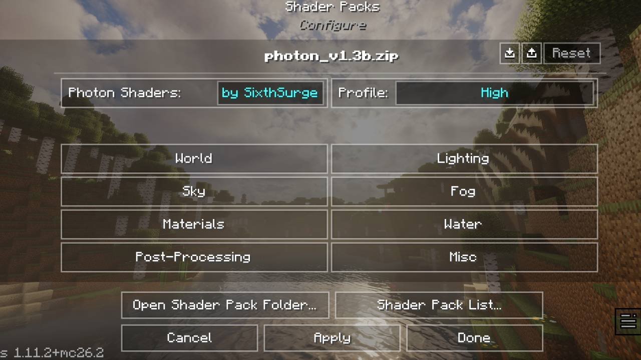 The Photon shaderpack settings screen showing a Profile set to High, with category buttons for World, Lighting, Sky, Fog, Materials, Water, Post-Processing and Misc