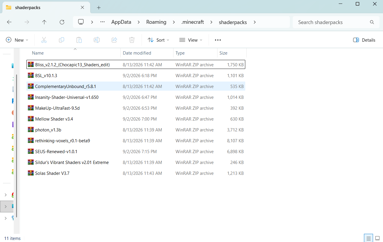 The .minecraft shaderpacks folder in File Explorer, with all eleven packs listed as WinRAR ZIP archives