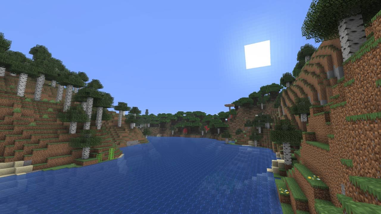 A Minecraft river valley lined with birch trees under vanilla lighting, with a flat blue sky and plain blue water