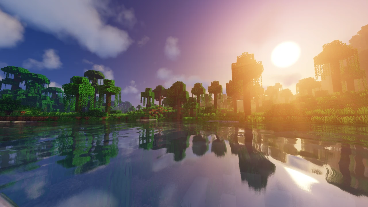 Sun reflecting on swamp water with Sildur's Vibrant Shaders