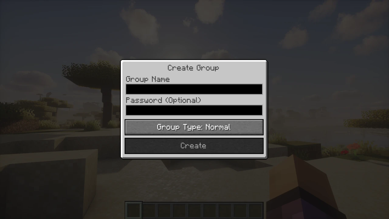 Create Group screen with fields for a group name and an optional password