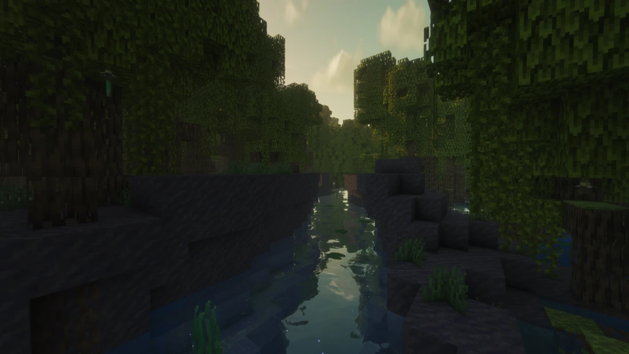 Narrow swamp channel reflecting the sky between vine-covered trees with Solas Shader